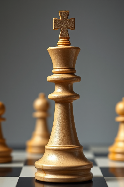 create a highly detailed illustration of a chess king piece, use a Canon EOS 5D Mark IV camera, set aperture to f/8 for depth of field, shutter speed at 1/200s to capture motion, and ISO 100 for optimal brightness, with a top-down view in a studio lighting setup to enhance contrast and texture details