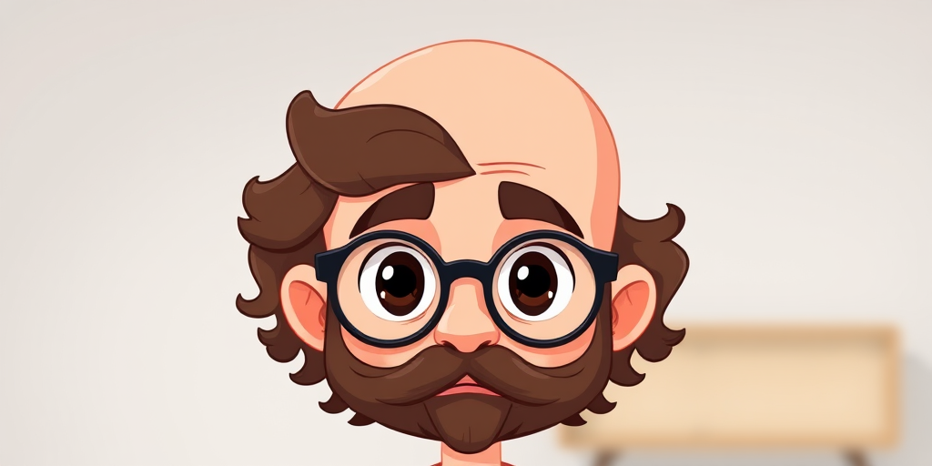 Create a cartoon-style illustration of a person with a bald head and large, curly brown facial hair, wide eyes, and thick glasses, captured with a digital camera at 50mm lens, f/1.8 aperture, ISO 200, in high resolution with a soft focus background.