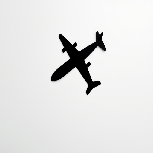 Create a minimalist black airplane icon on a white background, shot with a DSLR camera at f/2.8 aperture, 50mm lens, ISO 100, 1/200s shutter speed, top-down view for sharpness and clarity.