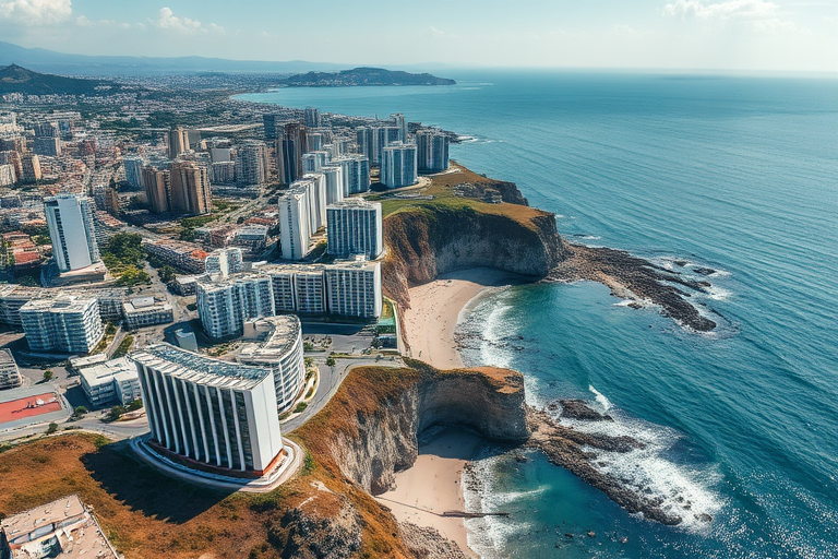 Generate a high-resolution aerial view of a coastal city with modern buildings overlooking a beach and rocky cliffs, shot with a DSLR camera at 24mm focal length, f/8 aperture, ISO 100, using a landscape mode for enhanced image quality.