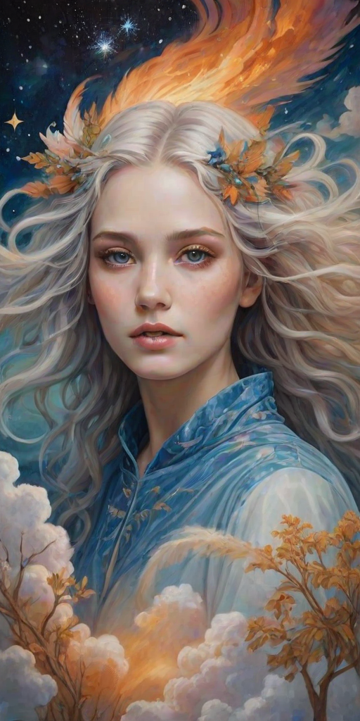 Create a series of imaginative portraits where each subject is infused with elements of fantasy and nature. The hair of the individuals should flow like clouds, varying from soft, fluffy cumulus to wispy cirrus strands, with hints of color reflecting a sunset or a clear blue sky. The eyes should be windows to entire galaxies, with stars, nebulae, and distant planets visible within them. Clothing should be adorned with nature motifs, such as floral patterns that bloom and change, vines that seem to grow and wrap around, or feathers that shimmer with iridescence. Each portrait should capture a unique personality, blending human features with the ethereal beauty of the natural and cosmic world. The backgrounds can vary, from starry night skies to enchanted forests, adding depth and context to the magical realism of the portraits