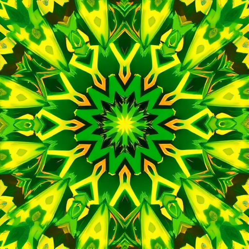 Generate a vibrant kaleidoscopic pattern featuring intricate geometric shapes and shades of green and yellow, captured with a DSLR camera at f/8 aperture, ISO 200, 50mm lens, shot from a top-down view in high-resolution.