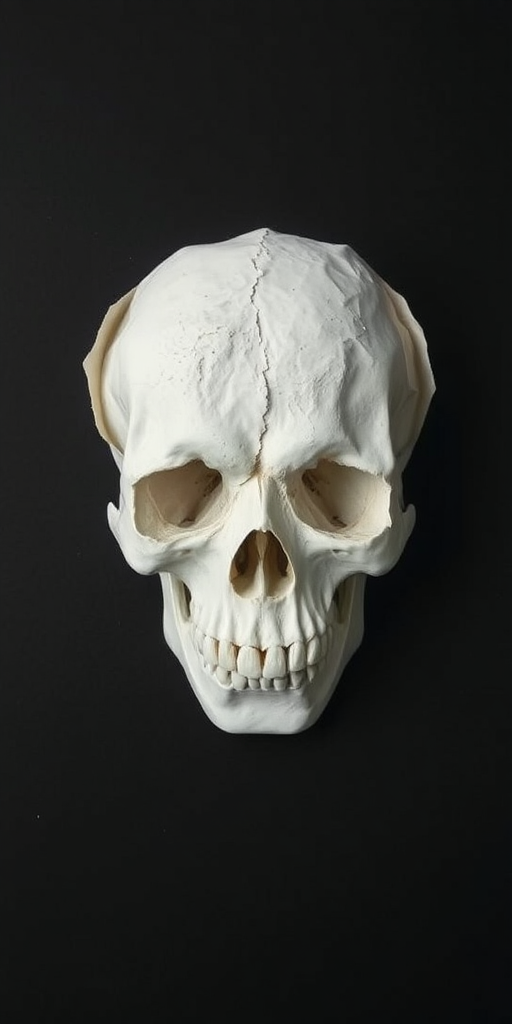 Skull made of torn paper on a black background, centered composition, natural light, macro lens, f/2.8 aperture, 1/125 sec shutter speed, ISO 100, high contrast, sharp focus.