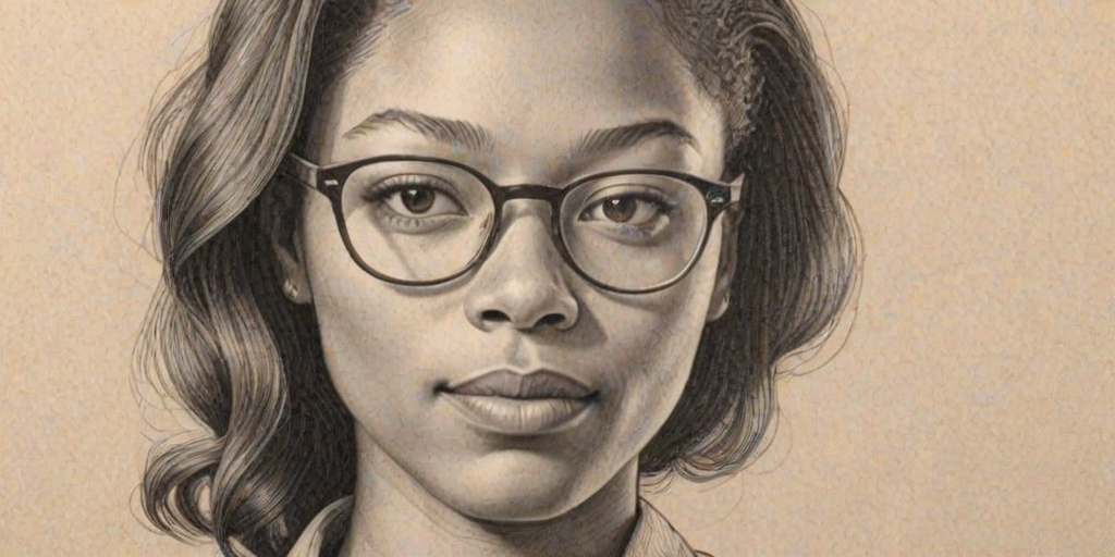 Charming Allyson Felix, pencil sketch, portrait of Enchanting woman 1936s in glasses, hair style beatnik, outline, clear lines, fine lines, 8k