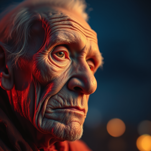 create a close-up perspective view fine art photography contemporary style of an elderly worn albino’s face with a soft, candid expression on a blurred sky black light background.Showcasing a modern style characterized by vibrant blacklight tones, using dramatic lighting and soft gradients to create a fine art atmosphere. The focus is on the light and facial features. motion light blur, neon backlit