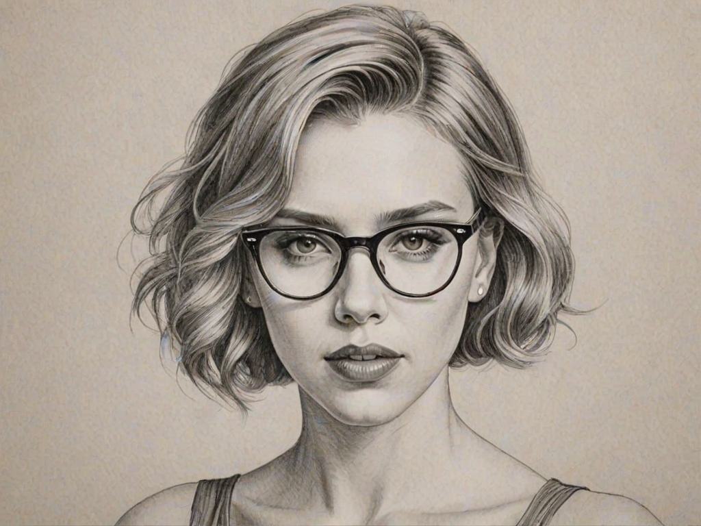 Wonderful Scarlett Johansson, pencil sketch, portrait of Bewitching woman 1920s in glasses, hair style beatnik, outline, clear lines, fine lines, 8k