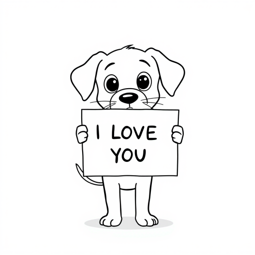 A minimalist cartoon of a PUPPY standing on a blank white background, holding a sign that simply says, 'I LOVE YOU.' The puppy is drawn with just a few lines: big eyes, whiskers, floppy ears, and a straight tail, giving it a comically desperate expression.