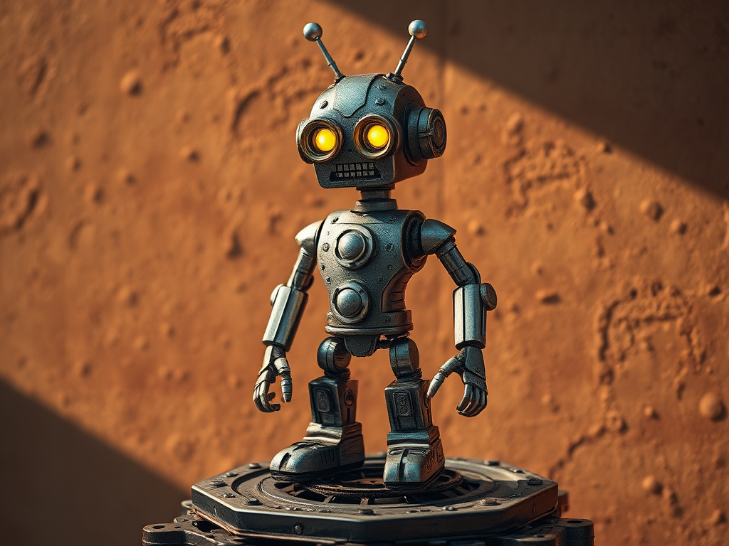 Produce a steampunk-inspired robot standing on a mechanical platform with intricate detailing and glowing eyes, captured with a DSLR camera at f/2.8, ISO 100, 50mm lens, in natural lighting for a dramatic effect, focusing on a textured, warm background to enhance the metallic features.