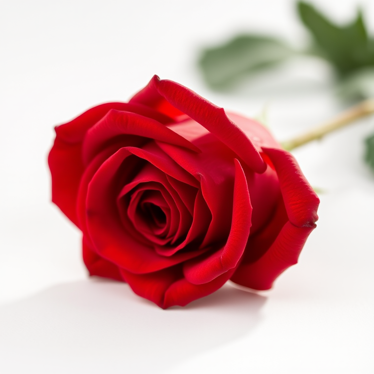 a single red rose with intricate details, placed on a white background, photographed with a Canon EOS R5 at f/2.8, 85mm lens, natural lighting, shallow depth of field, macro photography style