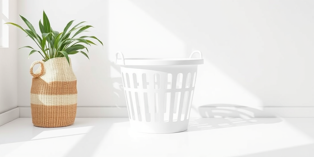 Generate a high-resolution image of a simple laundry basket icon with a minimalist design, using a Canon EOS R5, 50mm lens, aperture f/8, ISO 100, shot in a well-lit environment with a clean white background for clarity.