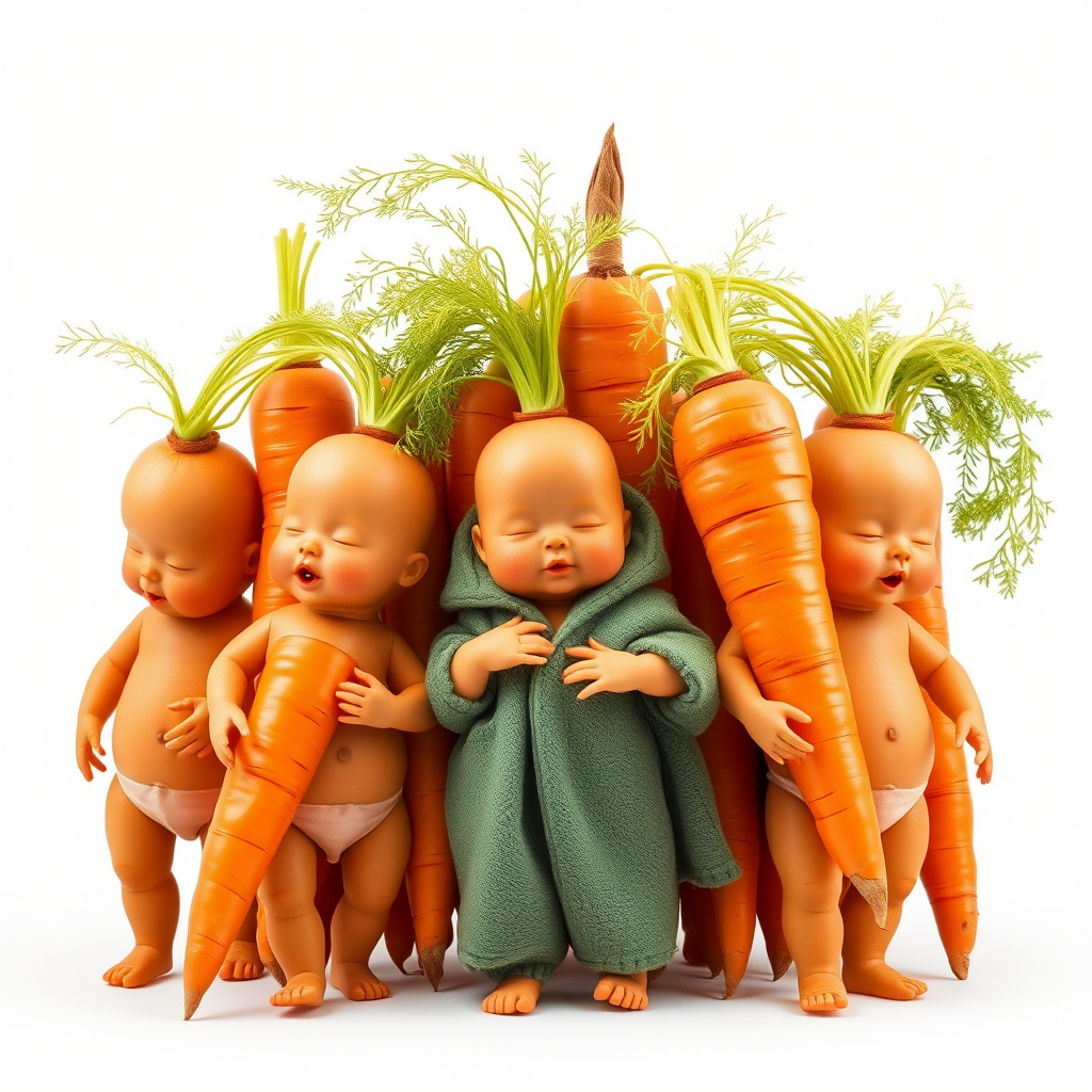 A bunch of carrots in the form of anthropomorphic babies.