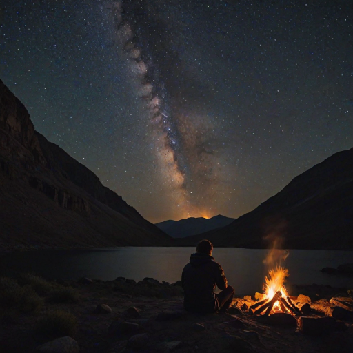 Dramatic night sky filled with stars, a lone figure sitting by a campfire in a remote location, the glow of the fire illuminating their face, creating a sense of adventure and solitude.