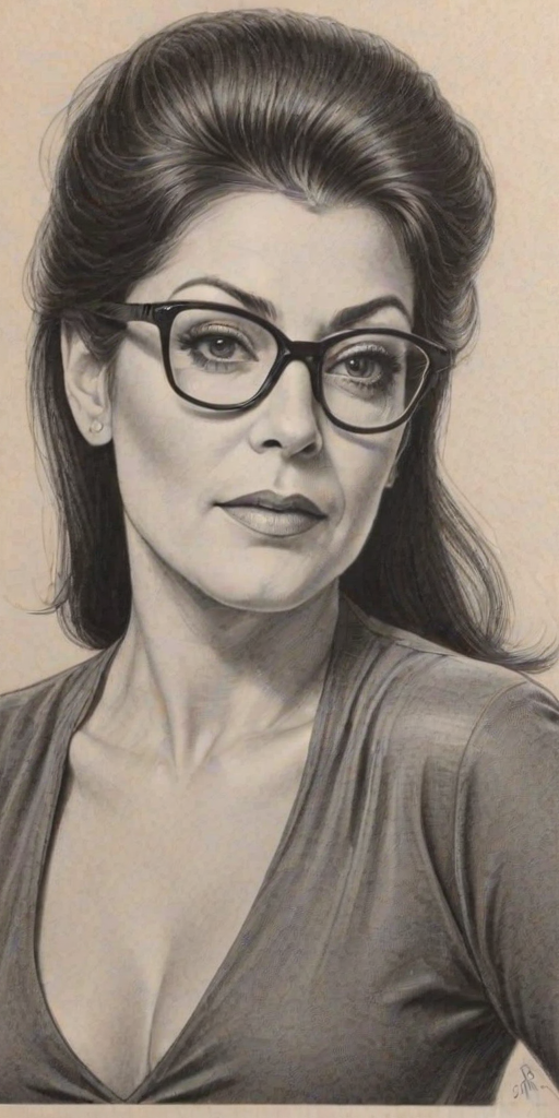 Bewitching Marina Sirtis, pencil sketch, portrait of Stunning woman 1959s in glasses, hair style beatnik, outline, clear lines, fine lines, 8k