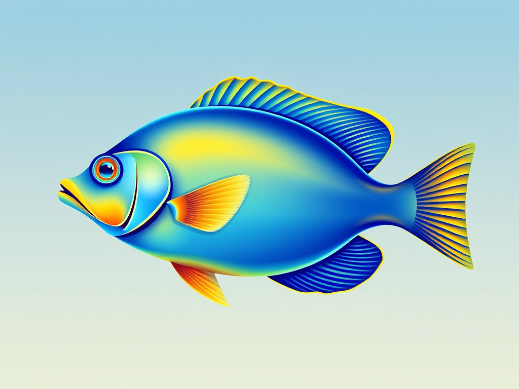 Create a vibrant, vector-style illustration of a fish, side view, with a focus on smooth gradients in blue and yellow colors, using digital art techniques, simulating a Canon EOS 5D Mark IV with a 50mm lens, f/8 aperture, and a clean, soft background for emphasis.