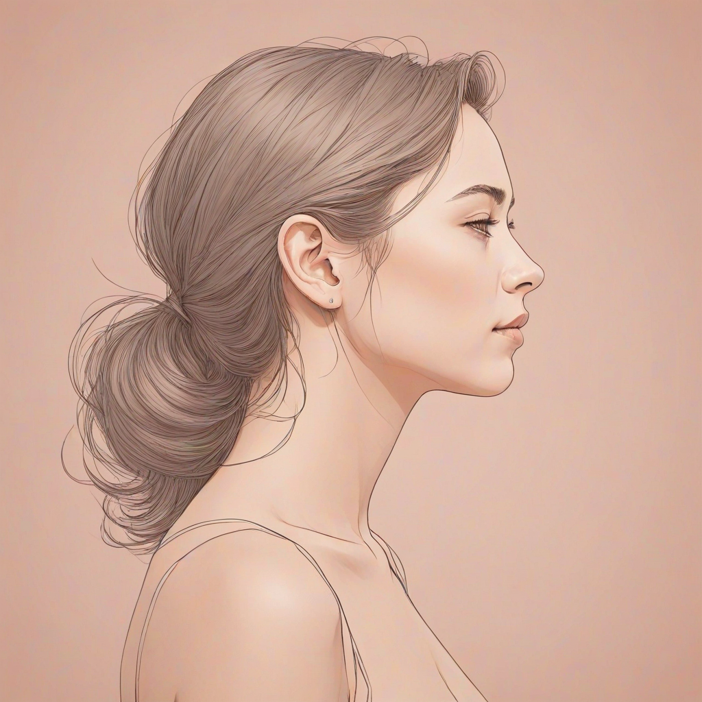 Create a minimalist line art illustration of a woman in profile against a solid pastel background, using a Canon EOS R5 with a 50mm f/1.2 lens, aperture set to f/2.8, ISO 100, and a soft focus effect for smooth skin tones and gentle color gradients.