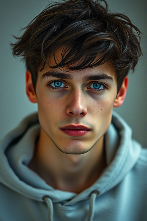 portrait of a young man with tousled dark hair and striking blue eyes wearing a light hoodie, soft lighting, shallow depth of field, DSLR camera, 50mm lens, f/1.8 aperture, ISO 100, portrait orientation