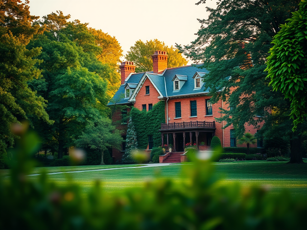 Generate a serene landscape featuring a grand brick mansion surrounded by lush greenery, captured with a DSLR camera at f/4.0 aperture, 50mm lens, ISO 100, 1/200 sec shutter speed, with a shallow depth of field to enhance the foreground and soft background blur, in golden hour lighting for warm tones.