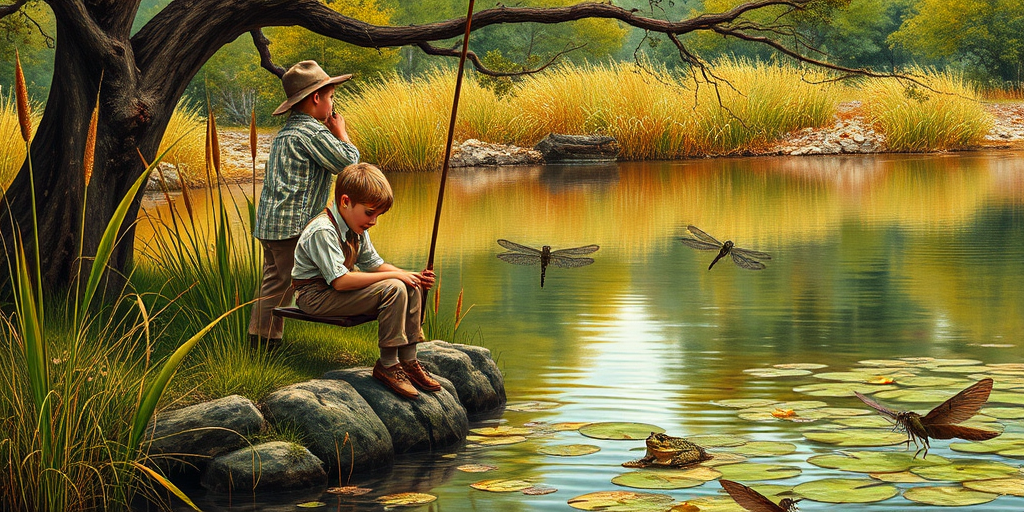 Imagine a small group of old fashioned young boys out fishing by the creek, a swing hanging from a tree branch, reeds and grasses by the water's edge, a frog sitting on a lily pad, dragonflies hovering over som water plans, a very iconic old fashioned scene reminiscent of a Norman Rockwell painting style