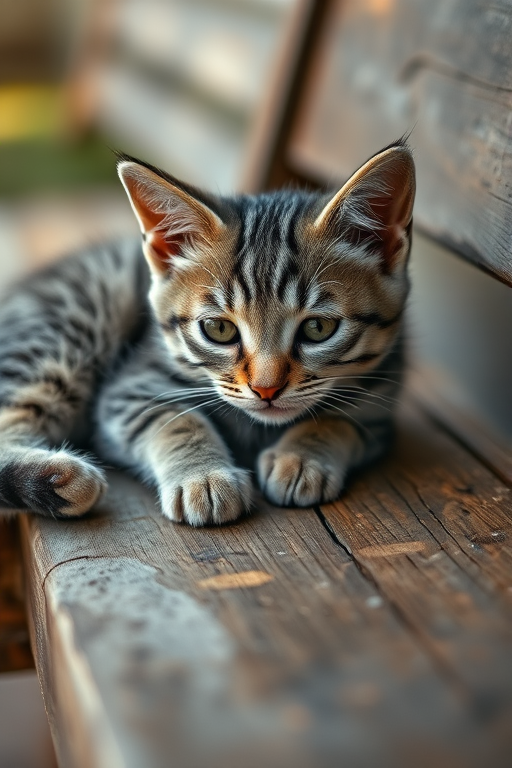 A close-up of a gray tabby kitten resting on an old wooden bench in a rustic outdoor setting, captured with a DSLR camera at f/2.8 aperture, ISO 100, 1/200 sec shutter speed, natural light, shallow depth of field, and a soft focus background.