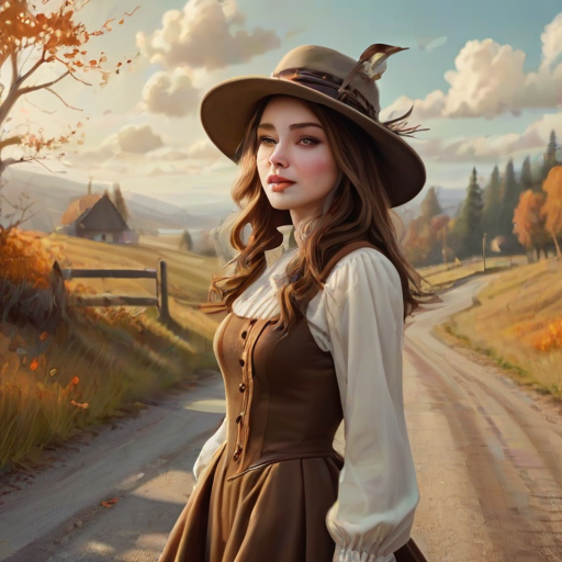 digital art fantasy depicting a strange girl with brown hair, long eyelashes, white lipstick and a tall hat walking along a winding road on an autumn afternoon, an Finch smiles as she passes