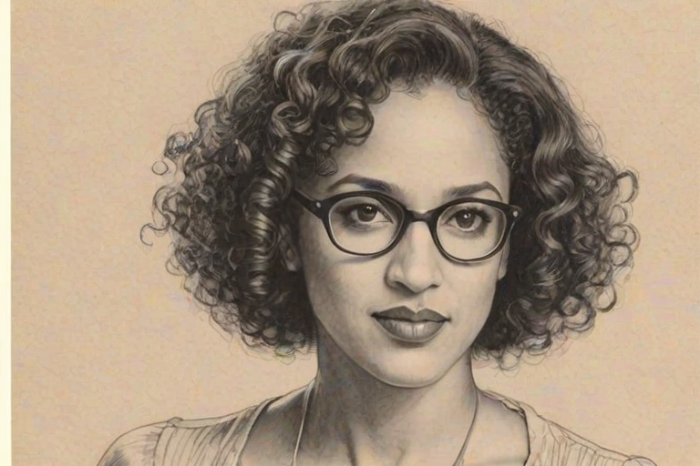 Attractive Karyn Parsons, pencil sketch, portrait of Bewitching woman 1936s in glasses, hair style beatnik, outline, clear lines, fine lines, 8k