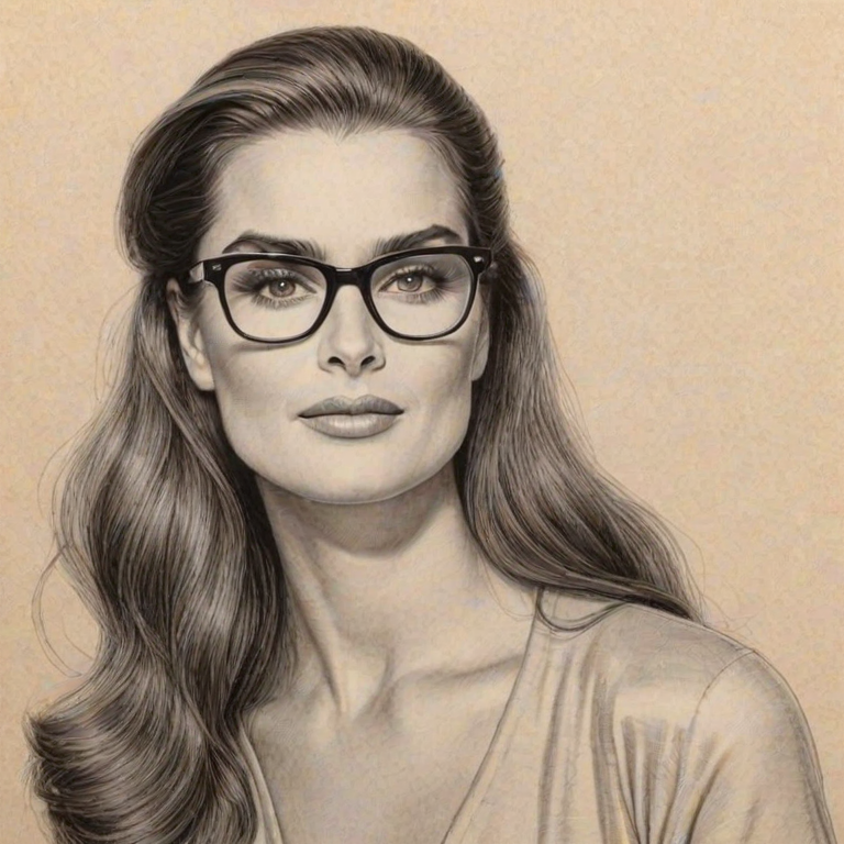 Bewitching Brooke Shields, pencil sketch, portrait of Splendid woman 1949s in glasses, hair style beatnik, outline, clear lines, fine lines, 8k