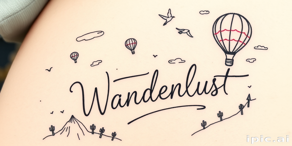 Sketch-style tattoo titled "Whimsical Wanderlust" depicting a fantastical landscape with flying hot air balloons, soaring birds, and flowing script, characterized by its loose, hand-drawn appearance and dreamy atmosphere
