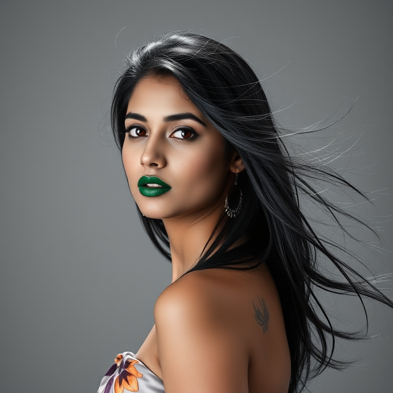 Photographic image of a beautiful young Pakistani woman, red eyes, lips with green lipstick, long hair fluttering in the wind and wearing a silk strapless dress with a soft purple and orange print. monochrome image with only color highlights in the iris of the eyes, lipstick and dress. Gray background.