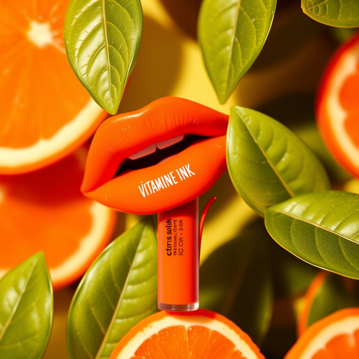 Bright tangerine lip ink "Citrus Splash" with semi-matte finish and vitamin C-infused formula, suitable for tropical-inspired makeup and energetic looks, long-wearing stain effect