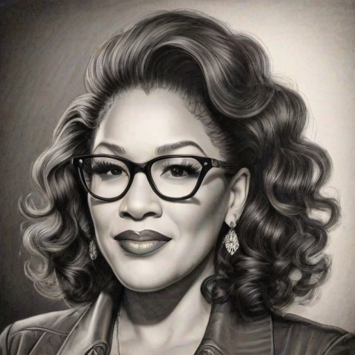Radiant Kym Whitley, pencil sketch, portrait of Resplendent woman 1935s in glasses, hair style beatnik, outline, clear lines, fine lines, 8k