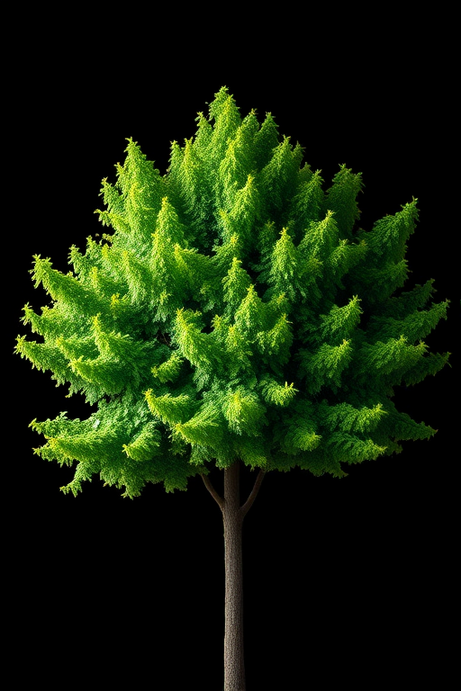 Generate a high-resolution image of a lush green tree against a black background, using a DSLR camera with a 50mm lens, aperture f/2.8, ISO 100, capturing in a full-frame view and employing a depth of field effect for enhanced detail.