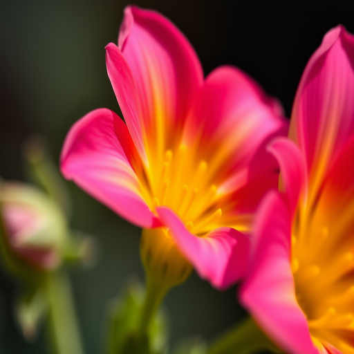close-up of a vibrant pink and yellow flower, macro photography, f/2.8, ISO 100, 50mm lens, natural lighting, shallow depth of field, high resolution image
