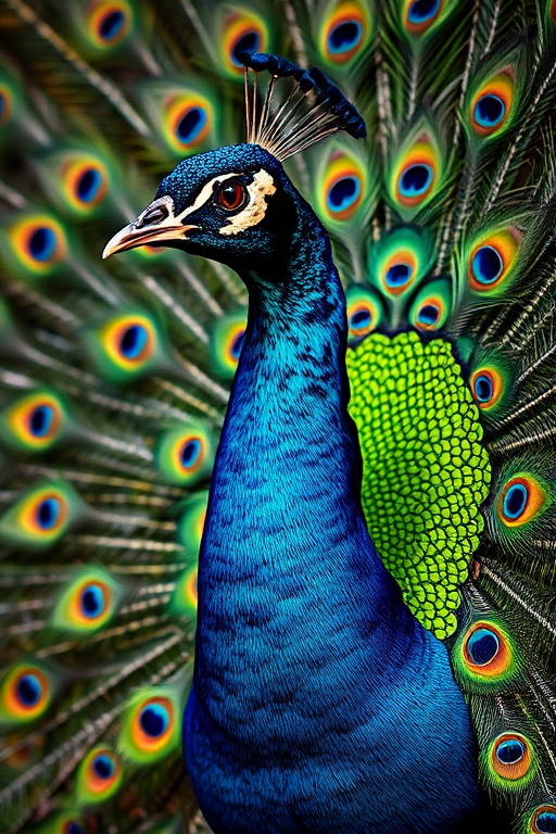 peacock displaying its vibrant feathers, close-up shot, 50mm lens, f/1.8 aperture, ISO 100, natural lighting, DSLR camera