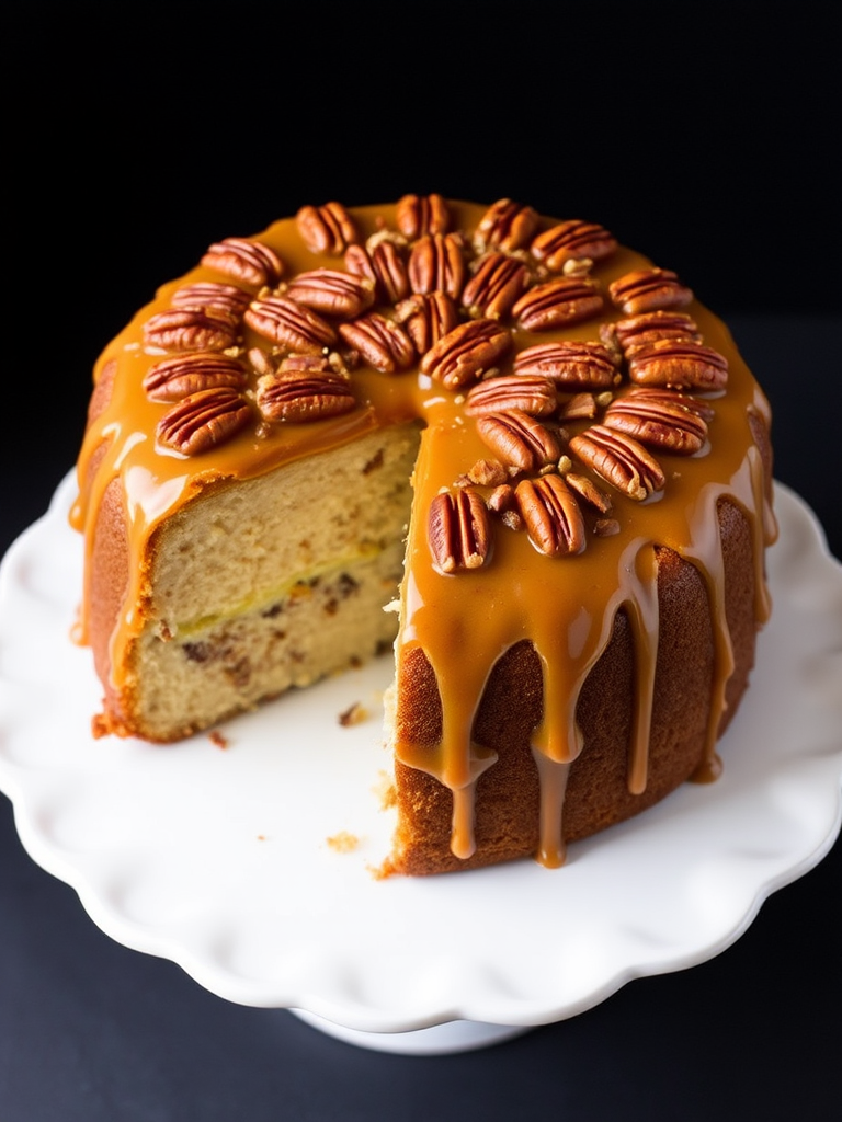 A beautifully decorated round cake with a rich caramel glaze and topped with toasted pecans, partially sliced to reveal its moist interior, placed on a white cake stand with a dark background.