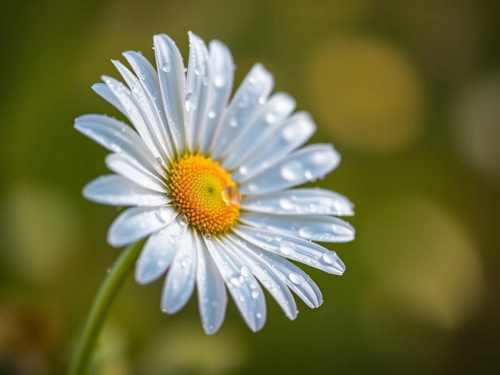 Macro shot of a dew-covered daisy flower with soft background blur, aperture f/2.8, shutter speed 1/200s, ISO 100, 50mm lens, natural light, DSLR camera.