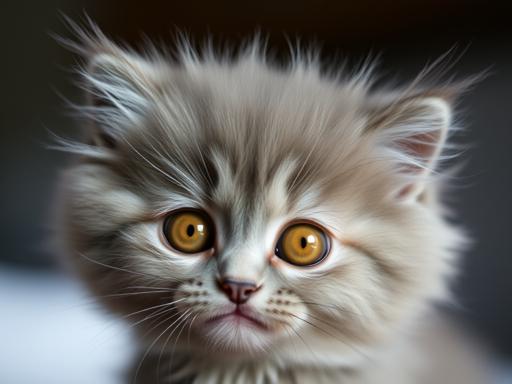 A fluffy gray kitten with large, expressive brown eyes, captured in soft natural light, shallow depth of field, 50mm lens, f/1.8 aperture, ISO 200, portrait orientation, close-up view, DSLR camera.