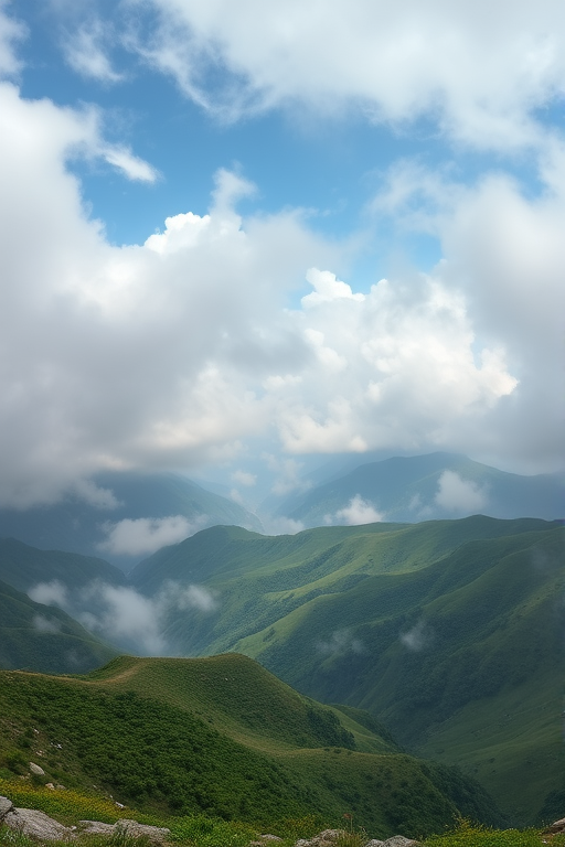 A panoramic view of a misty mountain range with rolling green hills and dramatic clouds, captured with a DSLR camera at ISO 100, f/8 aperture, 1/250 sec shutter speed, wide-angle lens, and landscape orientation in soft natural light.