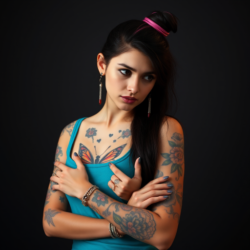 A portrait of a young woman with long dark hair tied up in a bun, with pink streaks, and intricate shaved designs. She is wearing a teal tank top and has a large butterfly tattoo across her chest and multiple colorful floral tattoos on her arms. The woman is looking off to the side, slightly tilted, her right arm is crossed over her chest, and her left hand is resting on her upper arm. The lighting is soft and warm, highlighting the details of the tattoos. The background is a simple, dark gray, providing a neutral backdrop for the subject. The photo has a natural, relaxed feel and a slightly artistic, moody atmosphere.  She is wearing several silver rings and bracelets on her arms, and a pair of long silver dangle earrings with red accents.  Her face is slightly shadowed, giving a soft and alluring feel.  The composition is centered on the woman, who is positioned against a dark background, the emphasis is on her tattoos and the subtle expression on her face.
