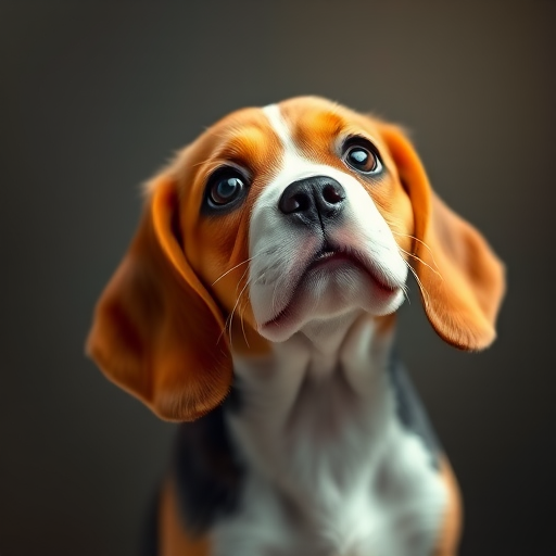 Generate a high-resolution digital painting of a beagle puppy looking up, with a soft-focus background, using a DSLR camera at f/2.8 aperture, ISO 100, 1/200s shutter speed, portrait orientation, and a shallow depth of field to enhance the subject's features.