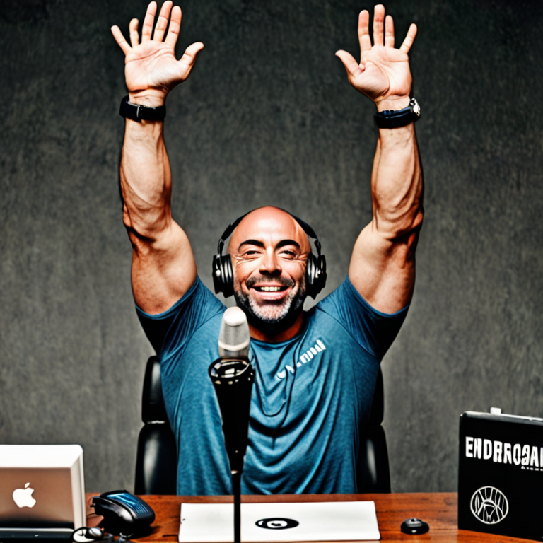 Joe Rogan Close Up Joe Rogan standing in his podcast studio, arms raised in excitement