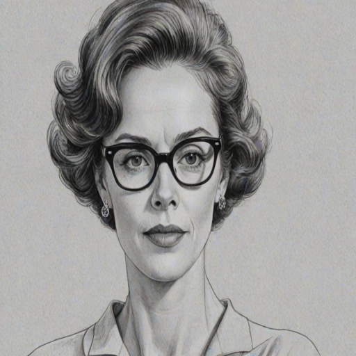 Graceful Judy Davis, pencil sketch, portrait of Delightful woman 1957s in glasses, hair style beatnik, outline, clear lines, fine lines, 8k