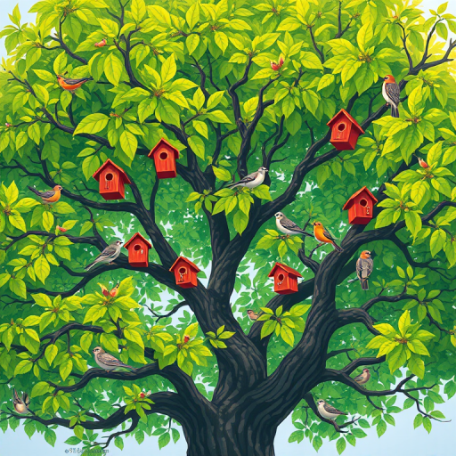 Create an illustration of a vibrant tree filled with lush green leaves and several birdhouses, with various birds perched on the branches, using a digital art style, set with a 50mm lens, f/4 aperture, and soft, diffused lighting to enhance colors and details.