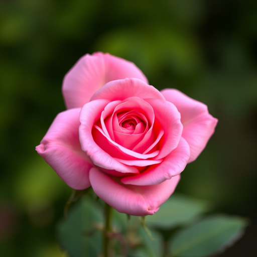 A close-up shot of a pink rose against a blurred green background, using a DSLR camera with a 50mm lens, aperture set to f/1.8, ISO 100, and shutter speed of 1/200s, natural lighting to enhance colors and details.