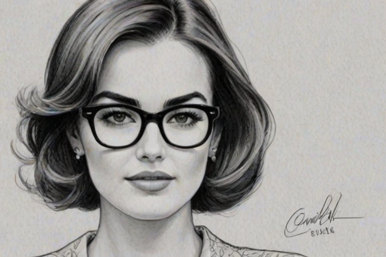 Superb Camilla Belle, pencil sketch, portrait of Sublime woman 1950s in glasses, hair style beatnik, outline, clear lines, fine lines, 8k