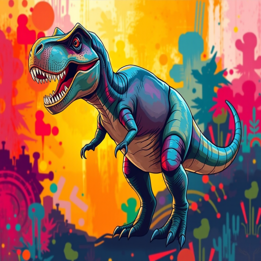 Create a vibrant, high-resolution illustration of a T-Rex dinosaur in a dynamic pose against a colorful abstract background, using a DSLR camera with a 50mm lens, aperture f/2.8, ISO 100, and a shallow depth of field for enhanced clarity and contrast.