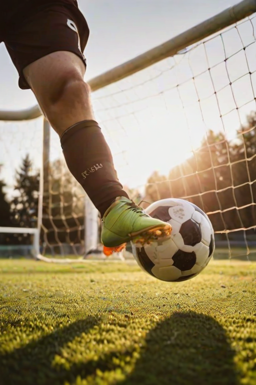 Blurry action shot of a soccer ball mid-flight, just about to hit the goal net, with the goalkeeper diving in vain, and soft sunlight creating lens flares in the background.