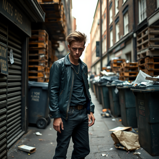 generate an ultra-realistic, highly detailed photograph of a punk. he's standing still, looking menacingly at the camera. he's in a narrow, dirty London street. there are wooden crates stacked up. overflowing rubbish bins, rubbish on the ground.