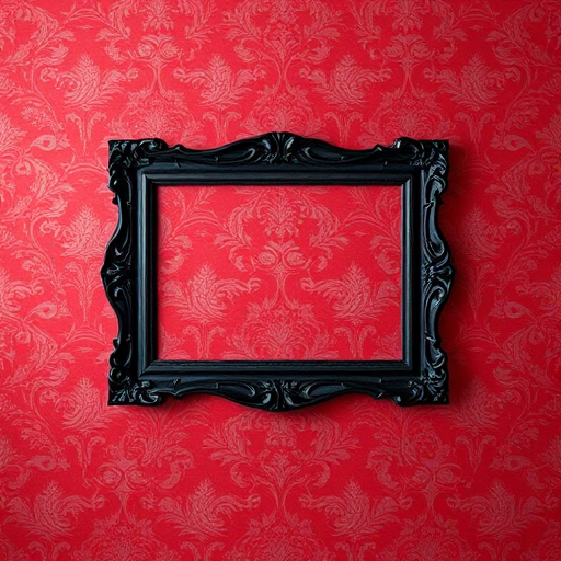 Create a vintage style background featuring deep red damask wallpaper with a central ornate black frame, shot with a DSLR camera at f/2.8, ISO 100, 50mm lens, with soft natural light and a shallow depth of field to enhance details and texture.