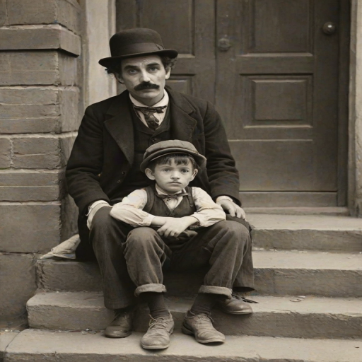 A black-and-white photograph of a man and a child sitting on steps in front of a doorway. The man is dressed as a tramp with a bowler hat, mustache, and ragged clothes, reminiscent of Charlie Chaplin's iconic look. He is sitting with his arms crossed and an expression of slight sadness or frustration. Next to him is a young boy, also in worn clothes and a cap, sitting with his hands clasped, looking thoughtful. The background is an old, textured wall and a partially open door, creating a vintage, early 20th-century atmosphere.