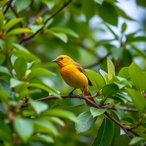 Capture a vibrant yellow bird perched on a branch surrounded by lush green leaves, use a 50mm lens, set aperture to f/2.8 for shallow depth of field, ISO 200 for optimal light, and shoot from a low angle for a unique perspective, utilizing a DSLR camera to enhance image quality.